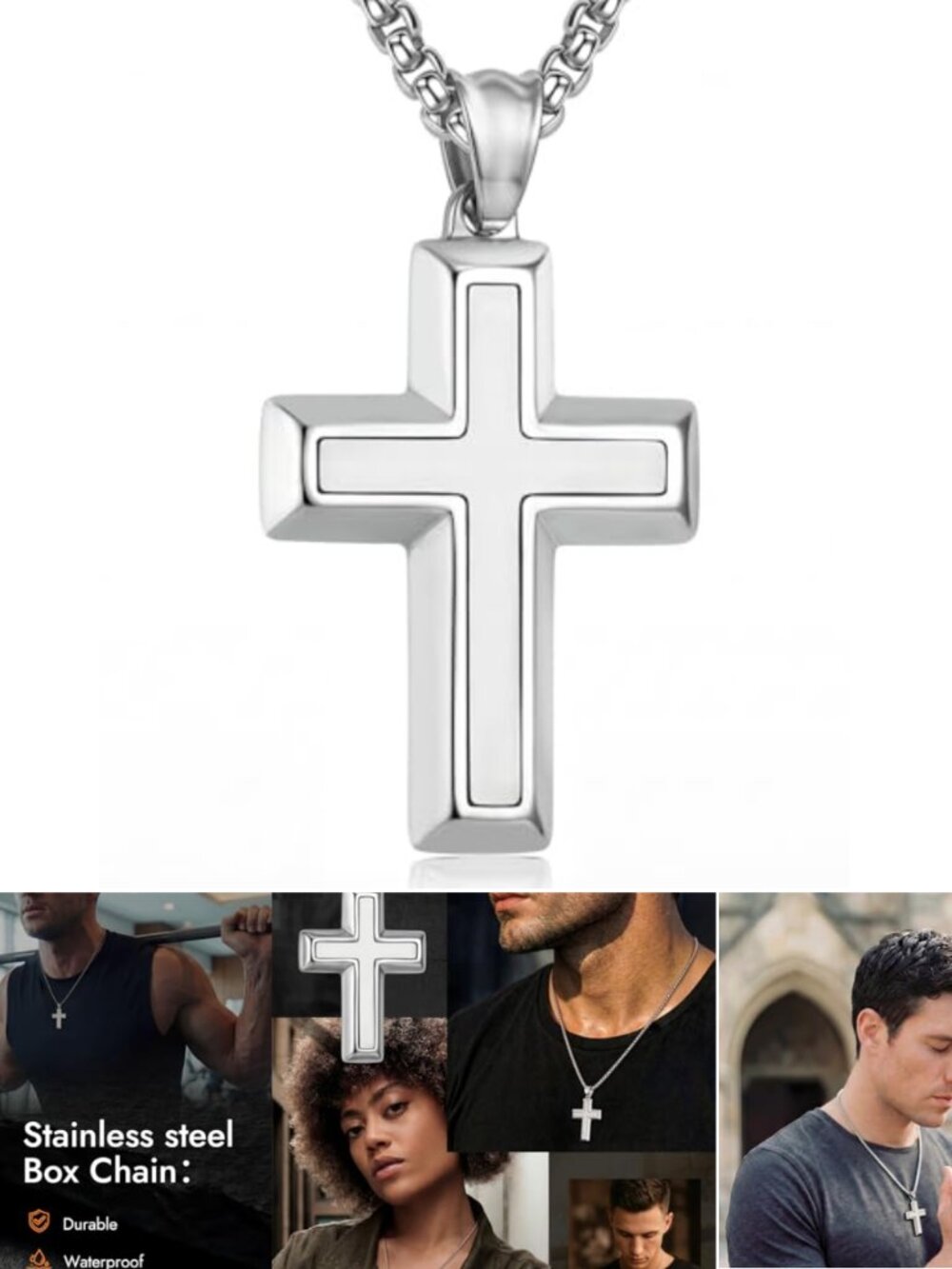 Men's Stainless Steel Cross Necklace 24" Box Chain Waterproof